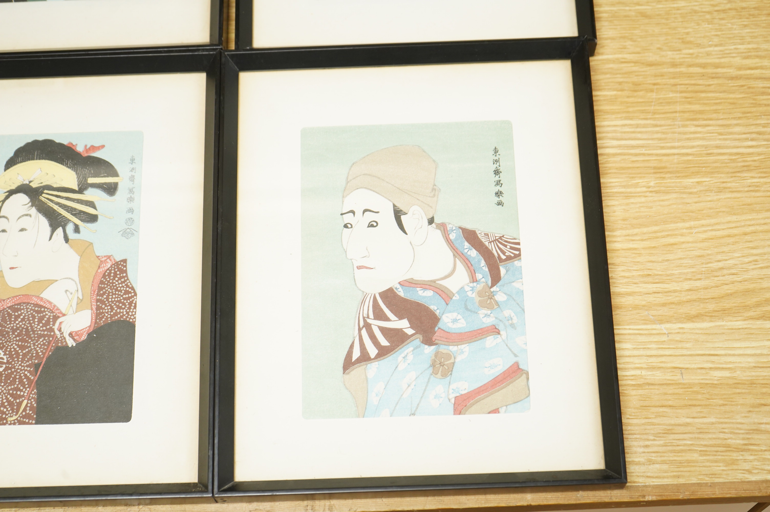After Toshusai Sharaku (1770-1825), 'Masterpieces by Sharaku', set of six Japanese woodcut prints, 17.5 x 12cm